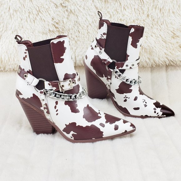 Demitri Brown White Cow Print Western Cowgirl Pull On Ankle Boot - Picture 5 of 13